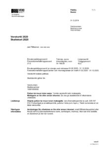 Verokortti vuodelta 2020. Verokortissa näkyy ennakonpidätysprosentti, vuoden tuloraja sekä lisäprosentti. Verokortilla näkyy myös veronumero.