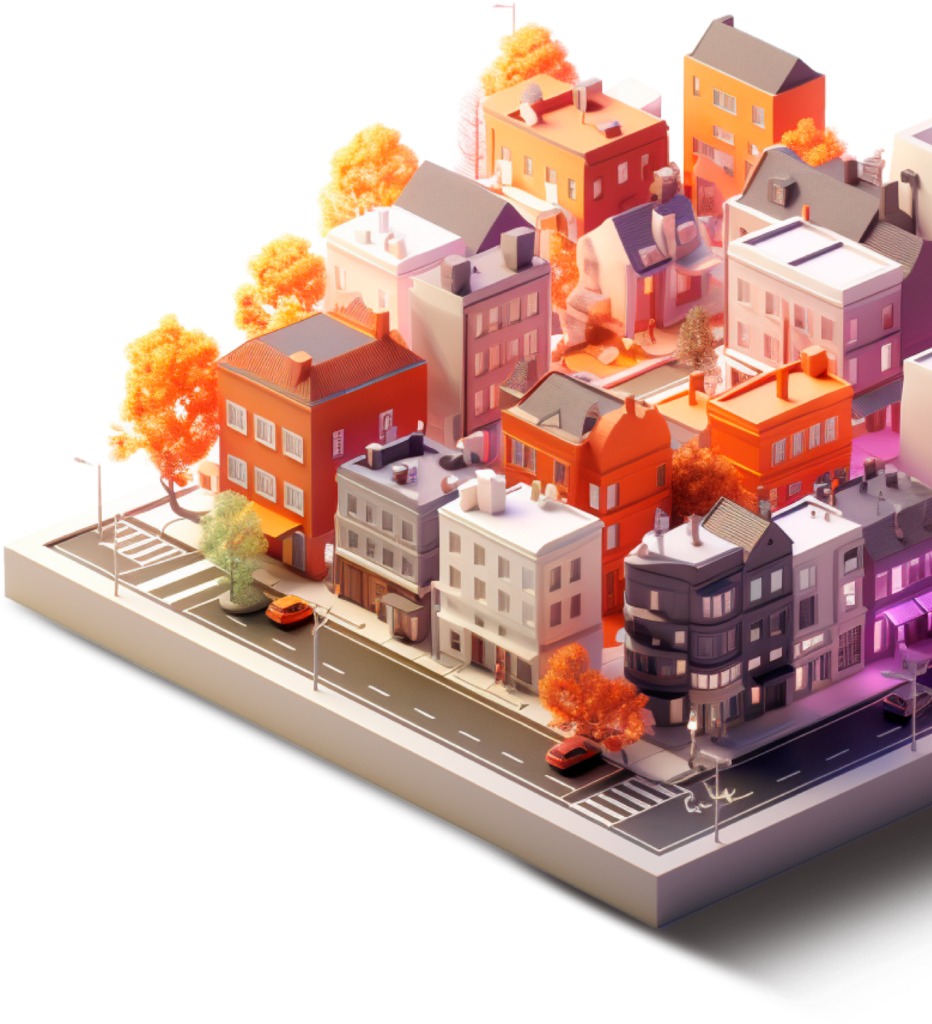 A miniature model of a cityscape with colorful buildings, autumn trees, and streets with people and cars.