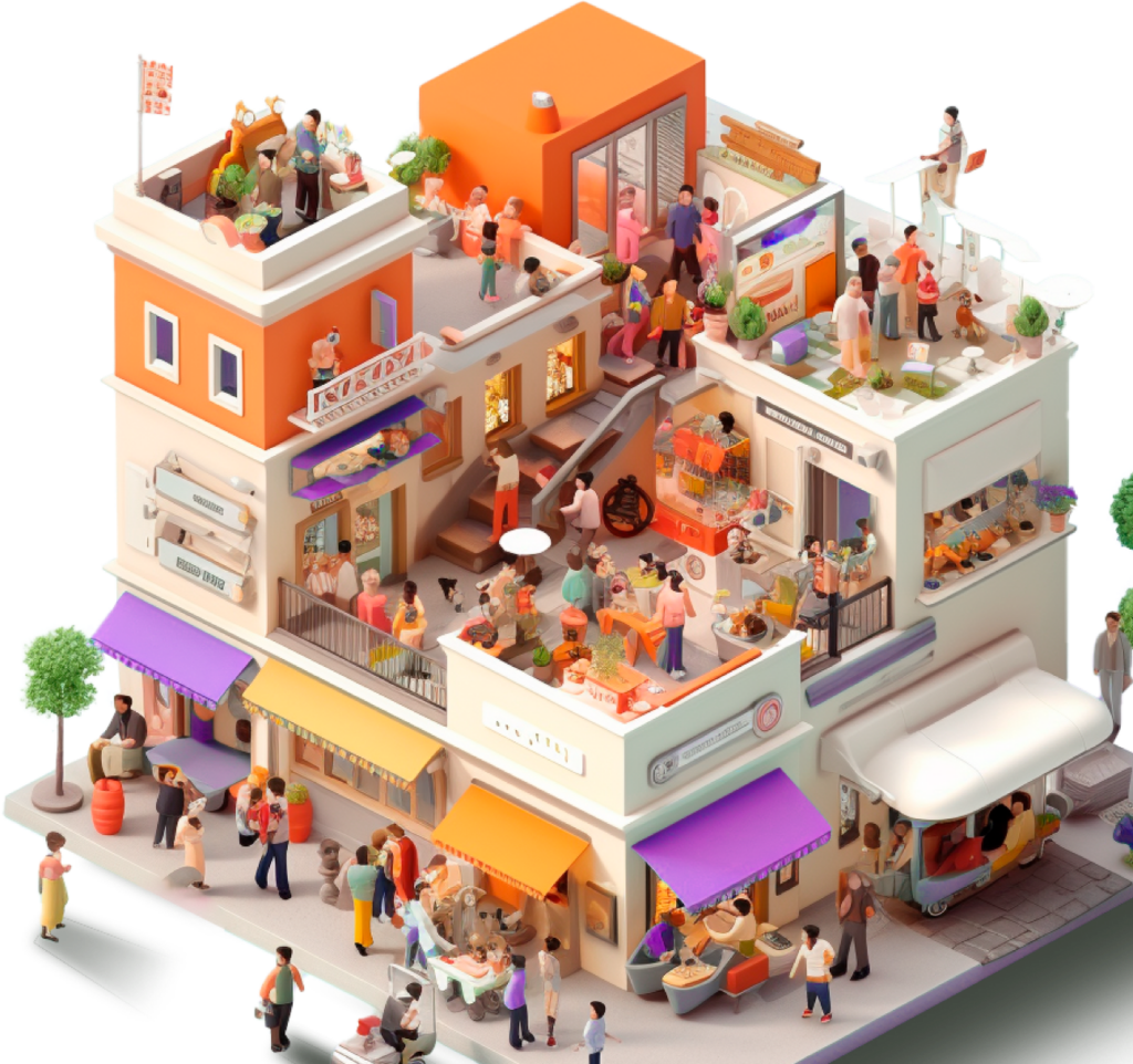 A miniature model of a cityscape with colorful buildings, autumn trees, and streets with people and cars.