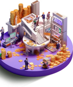 A circular space with workers handling large coins and money around a modern money-handling device, with tall stacks of coins in the background.
