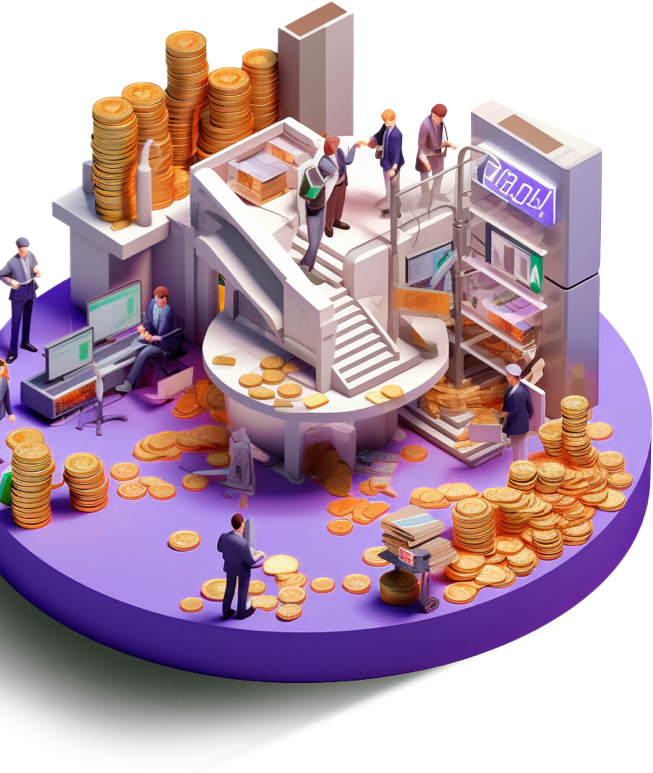 A circular space with workers handling large coins and money around a modern money-handling device, with tall stacks of coins in the background.