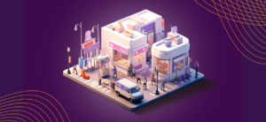 A miniature model of a cityscape with colorful buildings, autumn trees, and streets with people and cars.