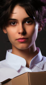 A woman with short dark hair and a white shirt holding a cardboard box and looking seriously at the camera, with a dark pattern and purple smoke in the background.