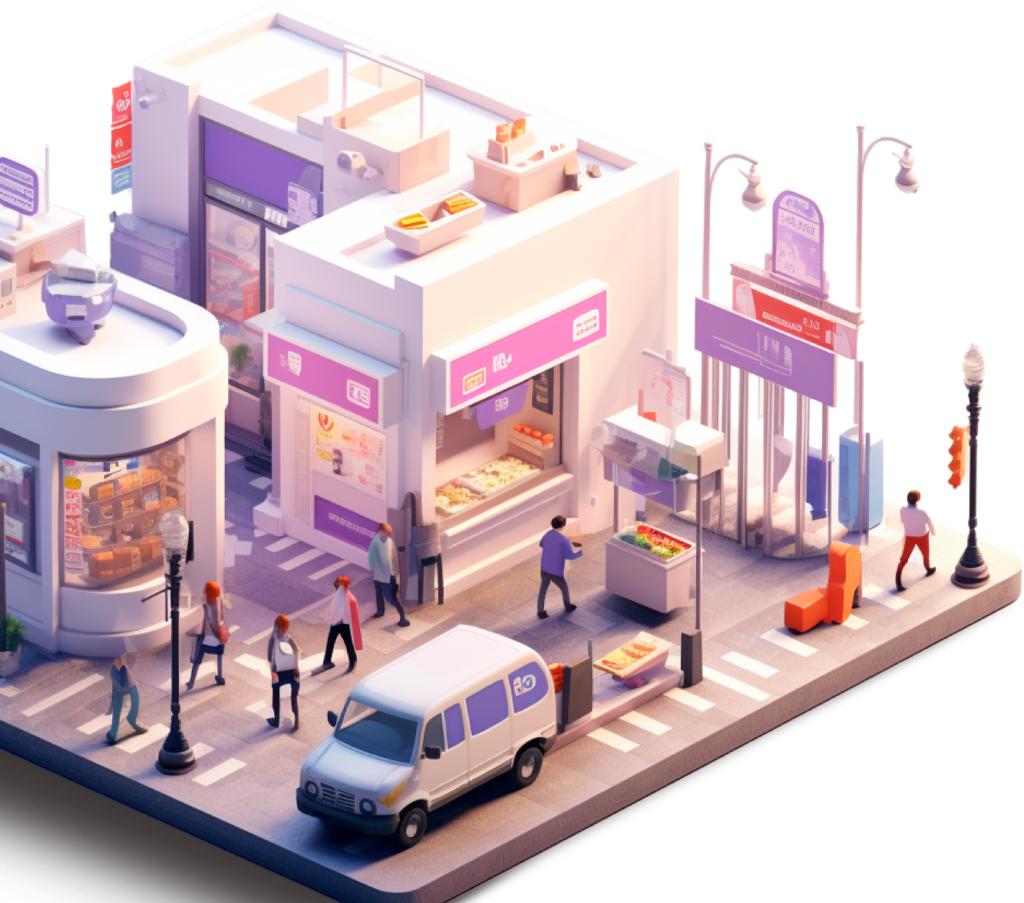 A miniature model of a cityscape with colorful buildings, autumn trees, and streets with people and cars.